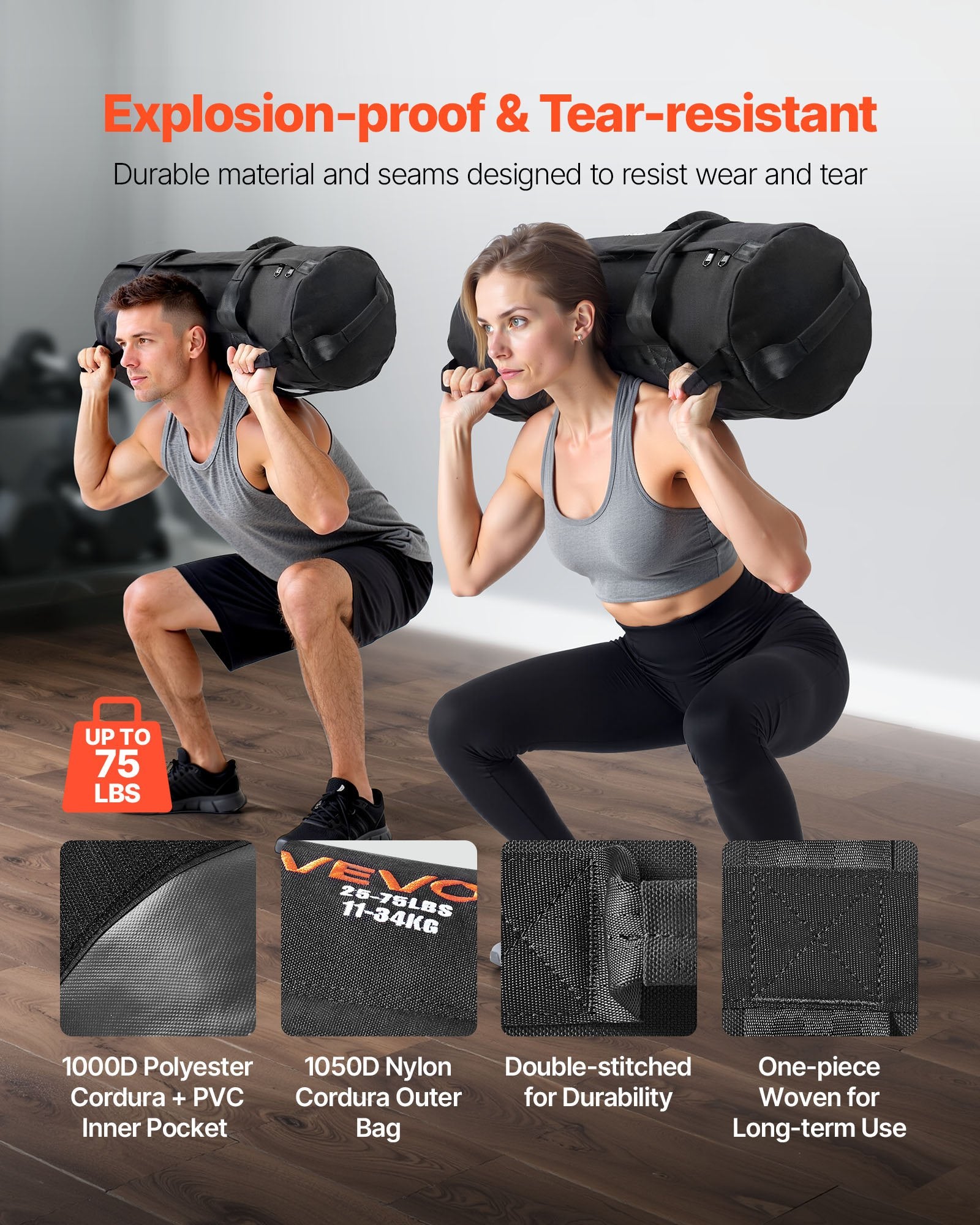 Workout Sandbag, Heavy Duty Workout Power Bags With Handles, 25-75 Lbs Adjustable Slam Bag For Fitness Strength Weight Training Cross-Training, Home Gym Exercise, Black (Unfilled)